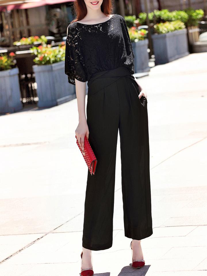 Shein Black Contrast Lace Open Shoulder Pockets Jumpsuit