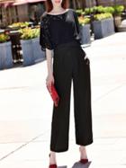Shein Black Contrast Lace Open Shoulder Pockets Jumpsuit