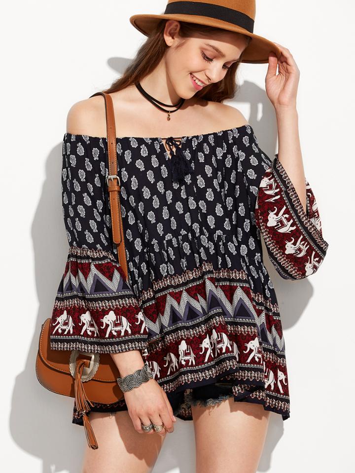 Shein Elephant Print Off The Shoulder Bell Sleeve Fringe Top