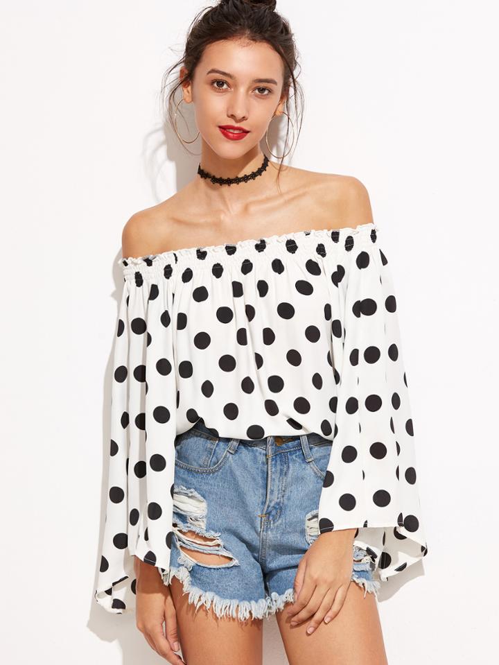 Shein Polka Dot Fluted Sleeve Bardot Top