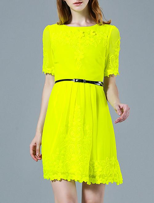 Shein Neon Green Round Neck Short Sleeve Embroidered Drawstring Dress