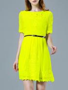 Shein Neon Green Round Neck Short Sleeve Embroidered Drawstring Dress