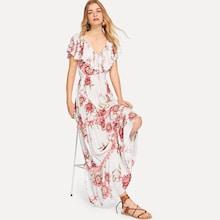 Shein Flounce Shoulder Tassel Trim Floral Dress