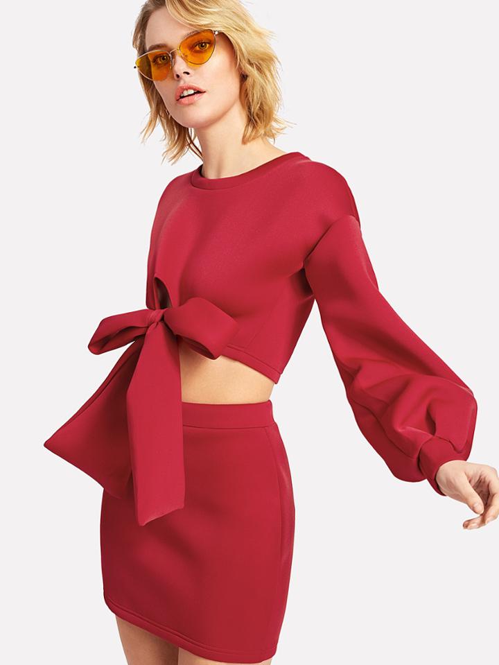 Shein Lantern Sleeve Knit Front Top With Skirt