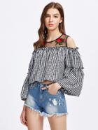Shein Embroidered Flower Applique Bell Sleeve Gingham Top