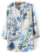 Shein Blue V Neck Floral Pocket Loose Blouse