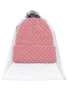 Shein Pink Pom Pom Ribbed Knit Hat With Polka Dot Mesh
