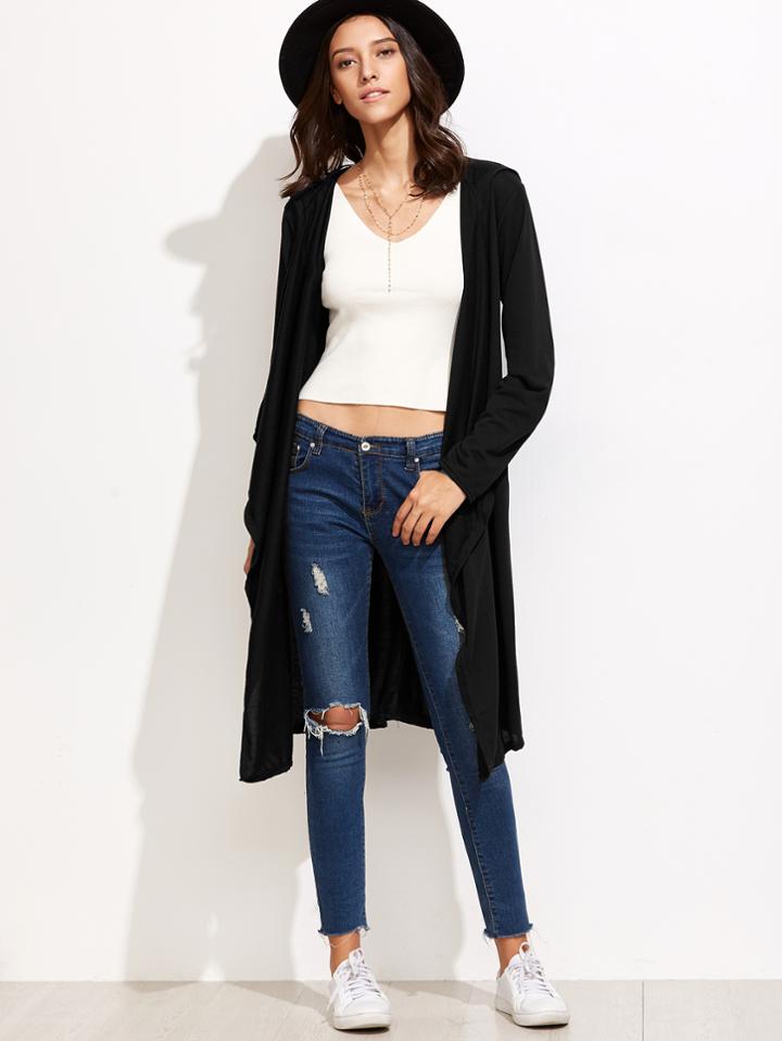 Shein Black Elastic Waist Hooded Long Coat