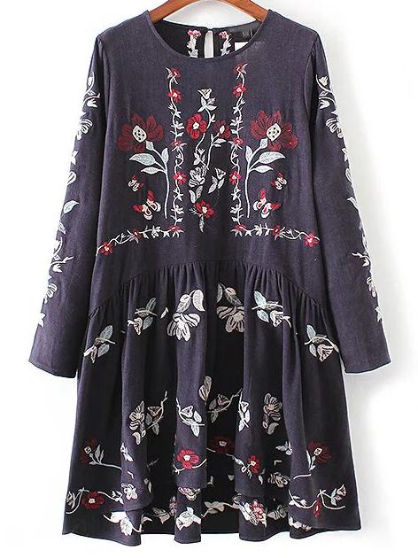 Shein Floral Embroidery Drop Waist Dress