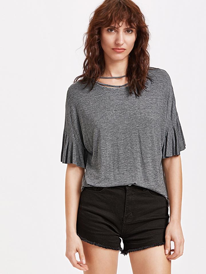 Shein Dark Grey Marled Knit Ruffle Cuff T-shirt