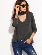 Shein Heather Grey Choker Neck Overlap Front Tee