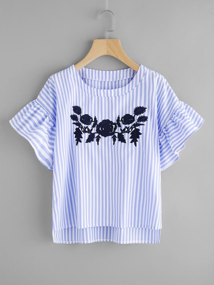 Shein Contrast Striped Flute Sleeve Embroidery Blouse