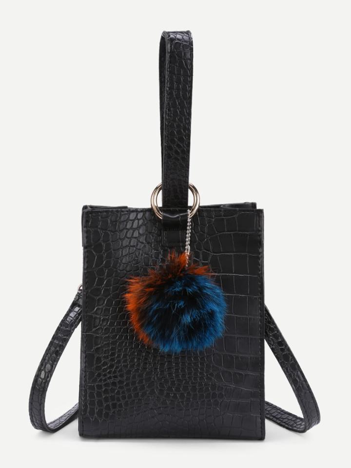 Shein Crocodile Print Pu Crossbody Bag With Pom Pom