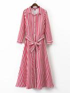 Shein Vertical Striped Tie Waist A Line Shirt Dress