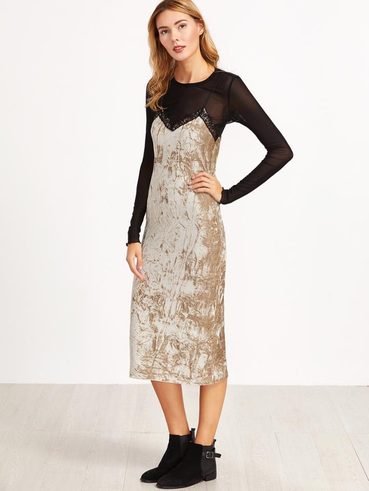 Shein Apricot Lace Trim Velvet Cami Dress