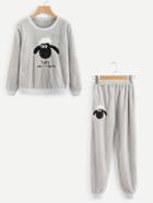 Shein Sheep Embroidered Top And Pants Pajama Set