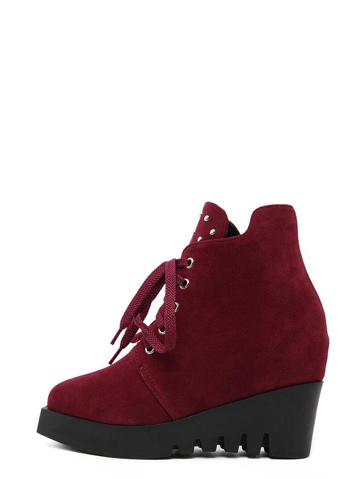 Shein Burgundy Faux Suede Lace Up Wedge Boots