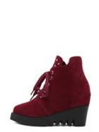 Shein Burgundy Faux Suede Lace Up Wedge Boots