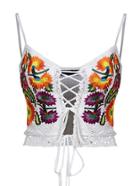Shein Contrast Lace Flower Embroidery Lace Up Front Cami Top