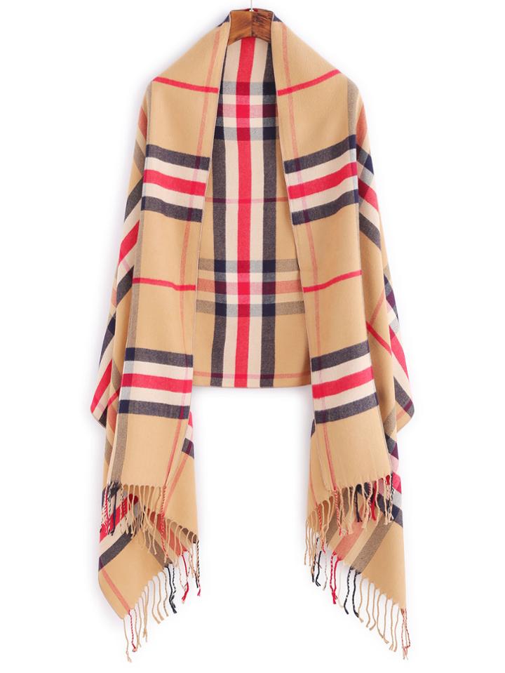 Shein Khaki Plaid Fringe Trim Scarf