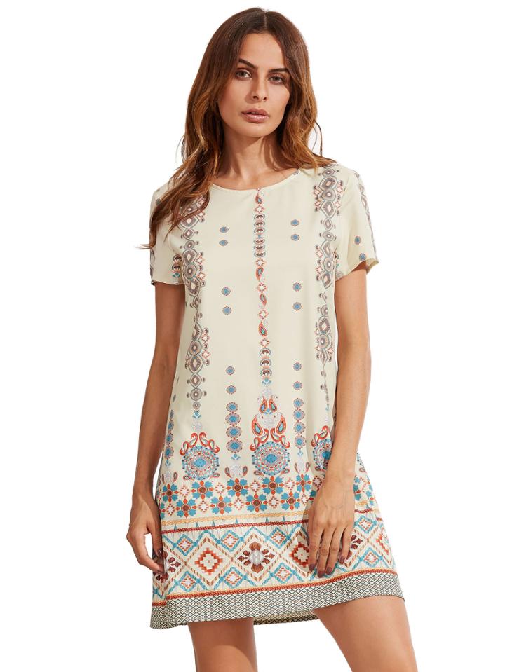 Shein Tribal Print Short Sleeve Shift Dress