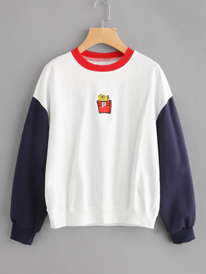 Shein Contrast Sleeve Fries Embroidered Sweatshirt