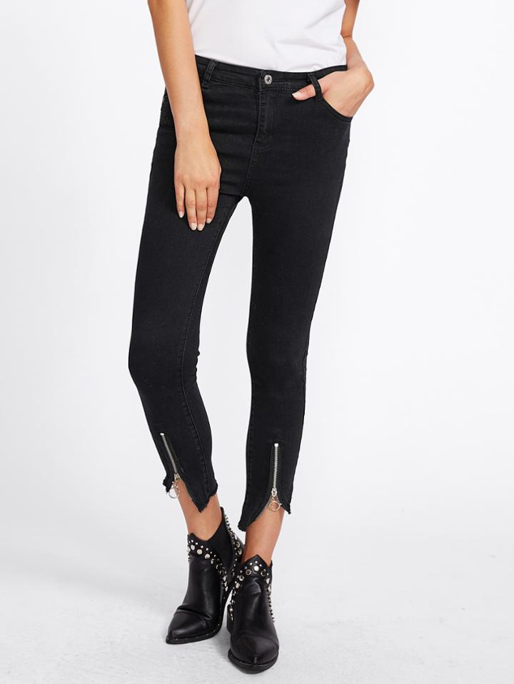 Shein Zip Up Frayed Hem Skinny Jeans