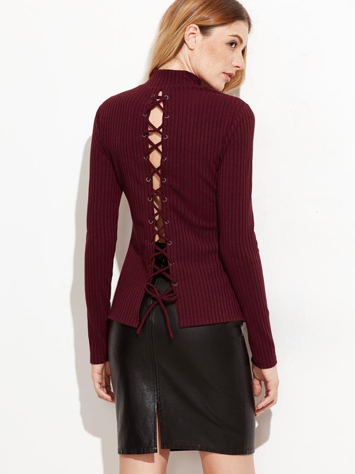 Shein Burgundy Lace Up Back Ribbed Slim Fit T-shirt