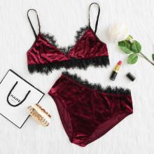 Shein Eyelash Lace Surplice Wrap Bra & Panty Lingerie Set