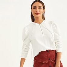 Shein Puff Sleeve Zip Half Placket Hoodie