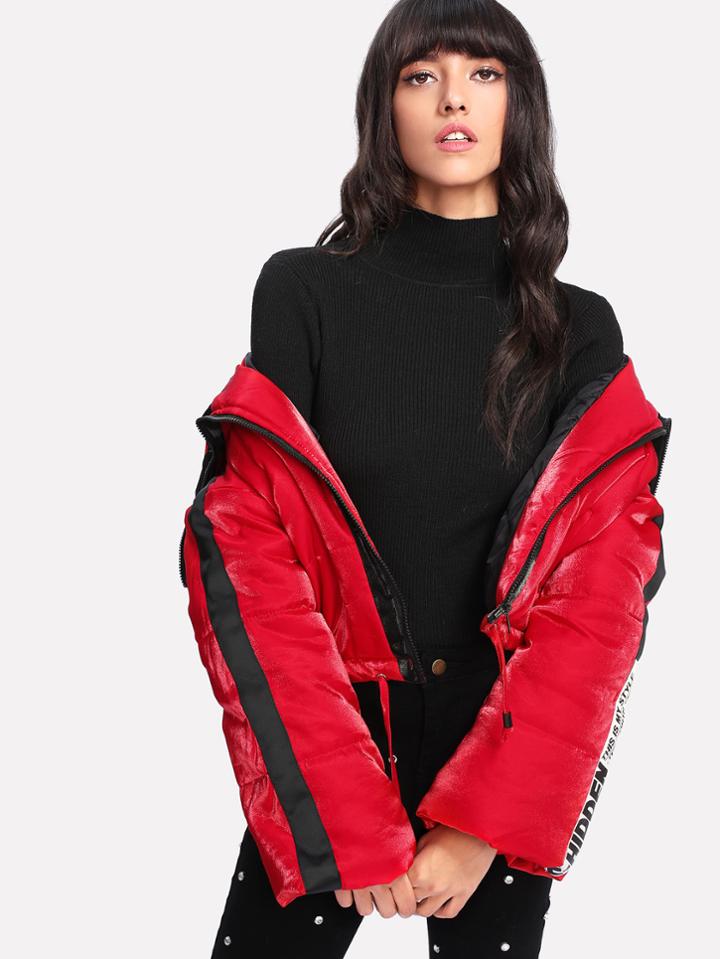 Shein Contrast Striped Letter Tape Detail Coat