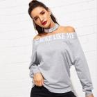 Shein Off Shoulder Letter Print Pullover With Choker