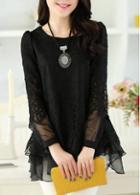 Rosewe Laconic Solid Black Round Neck Long Sleeve Blouse