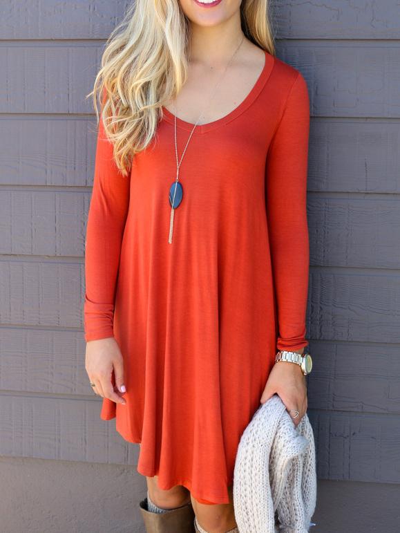 Shein Orange V Neck Long Sleeve Loose Dress