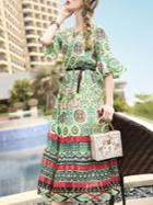 Shein V Neck Bell Sleeve Tribal Print Dress