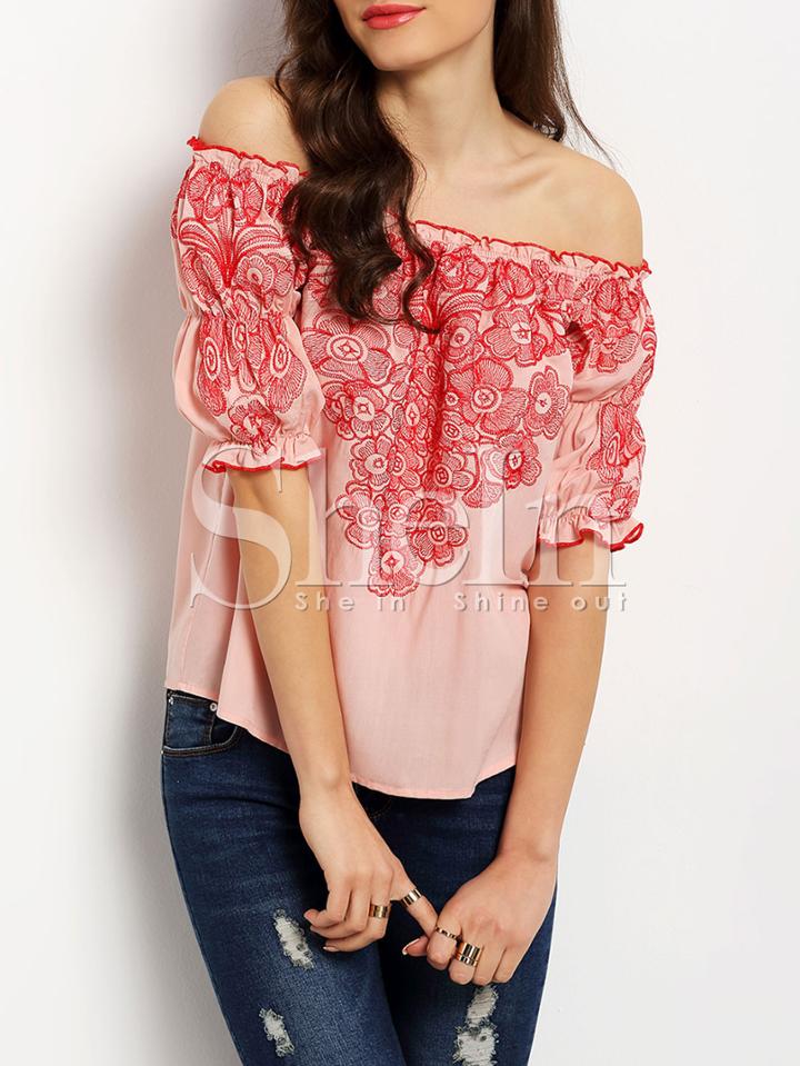 Shein Pink Off The Shoulder Puff Sleeve Embroidered Blouse