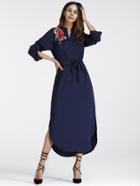 Shein Embroidered Rose Applique Side Split Belt Dress