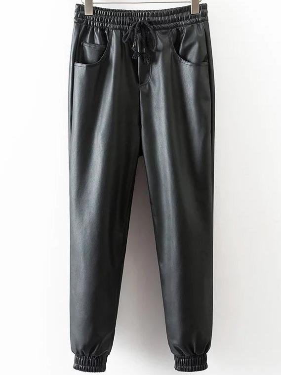Shein Black Drawstring Waist Pu Pants