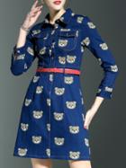 Shein Blue Lapel Bears Print Belted Pockets Dress
