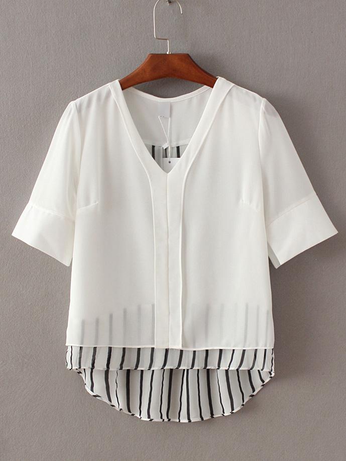 Shein White V Neck Dipped Hem Chiffon Blouse