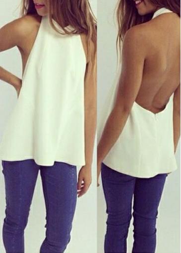 Rosewe Halter Neck Open Back White Tank Top