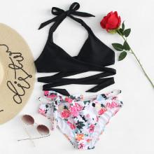 Shein Tie Waist Rose Print Criss Cross Bikini Set