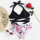 Shein Tie Waist Rose Print Criss Cross Bikini Set