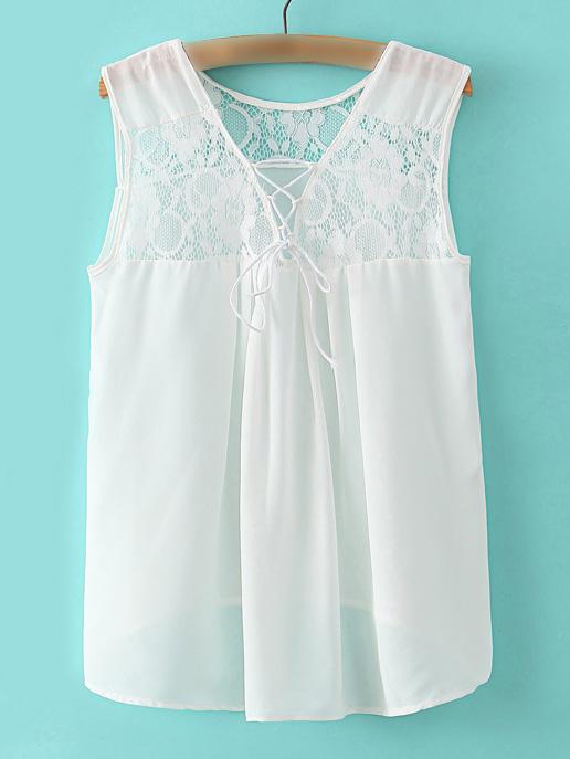 Shein White Sleeveless Lace Self Tie Blouse