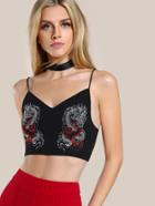 Shein Dragon Embroidered Zip Back Crop Cami Top