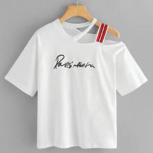 Shein Striped Tape One Shoulder Letter Embroidered Tee