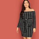 Shein Plus Off Shoulder Self Belted Grid Dress