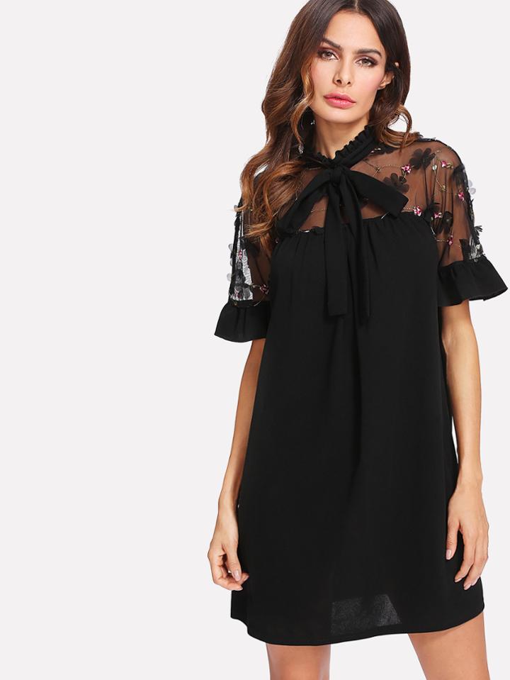 Shein Bow Tie Embroidered Mesh Shoulder Dress
