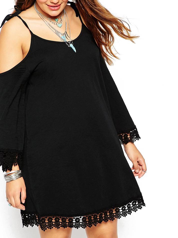 Shein Black Cold Shoulder Lace Hem Plus Dress