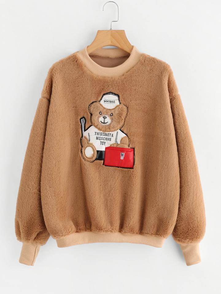 Shein Faux Fur Cartoon Embroidered Sweatshirt